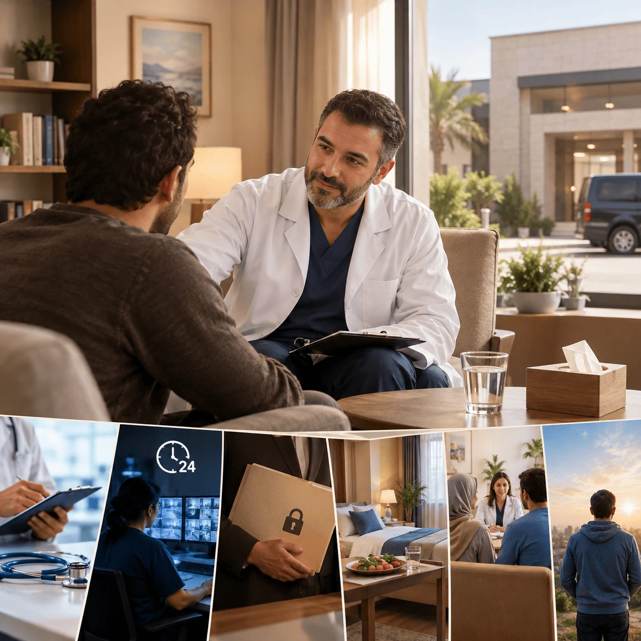 مراكز الحرية لعلاج الإدمان والطب النفسي في مصر: طبيب بالبالطو الأبيض يستمع لمريض في جلسة تقييم هادئة، وتحتهما صور لمراقبة طبية على مدار 24 ساعة وغرفة إقامة وسرية تامة