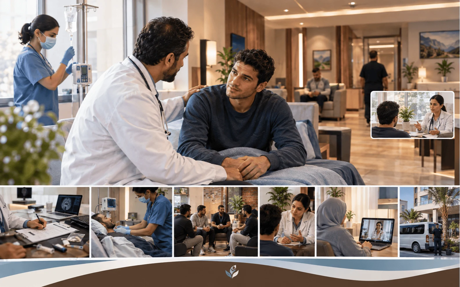 علاج الادمان من المخدرات في مراكز الحرية: طبيب يتحدث مع مريض يجلس على سرير وممرضة تضبط المحلول الوريدي، وأسفلهما صور لسحب السموم وجلسات علاج وسيارة نقل